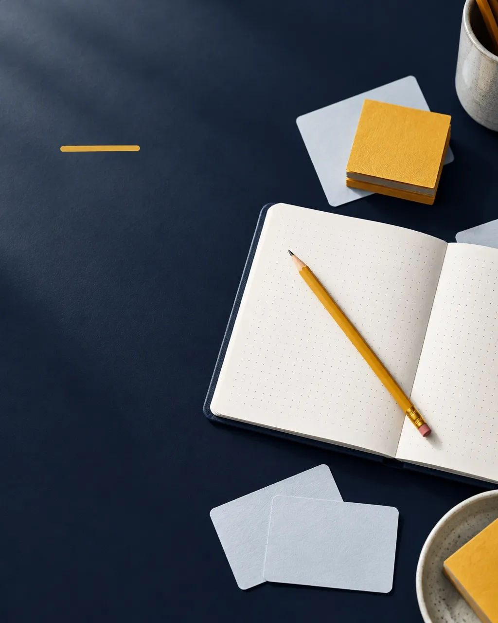 Notebook and planning tools on a navy desk